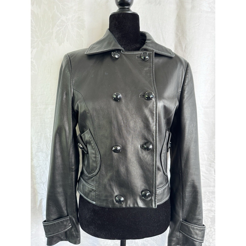 RARE St John Coats Collection Black Lambskin Double breasted Leather Coat  SZ S